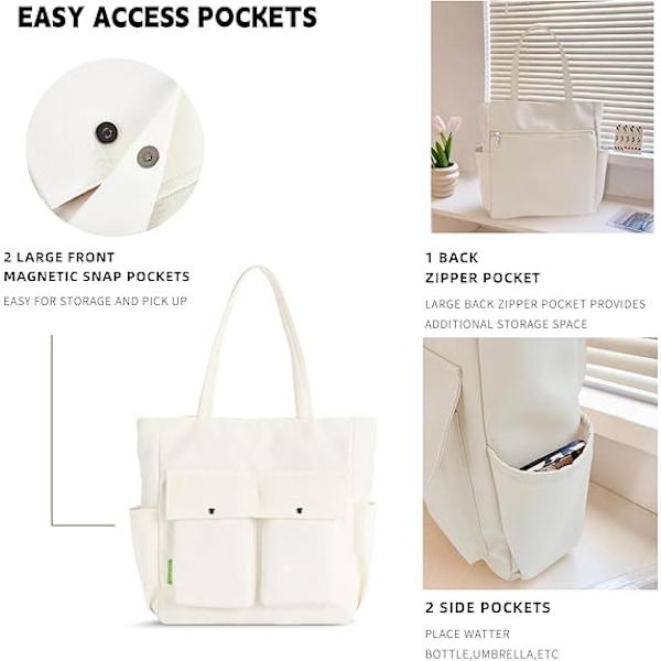 Kvinner Multi Lommer Glidelås Vanntett Lett Tote Bag Casual Store Skuldervesker Søte Canvas College Totes