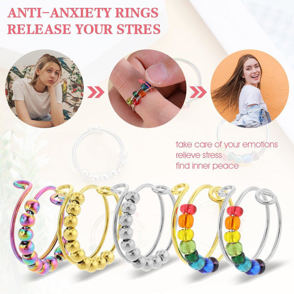 Paket med 5 antistressringar - Justerbara tumringar - Färgglada snurrringar med pärlor för ångest och stressavlastning - Perfekt present