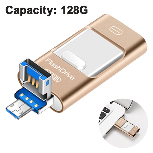 Flash Drive, 3 In 1 USB 3.0 Memory Stick, Photo Stick Externt lagringsminne för Iphone Ipad Android dator 64gb-guld Gold 128GB