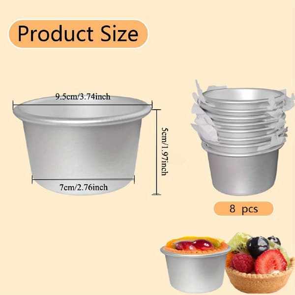 8 stk. non-stick mini kageforme i aluminium - lækagesikre, nemme at afforme, ideelle til æggetærter, cheesecakes, buddinger, bageplader | Runde | Holdbar bageplade