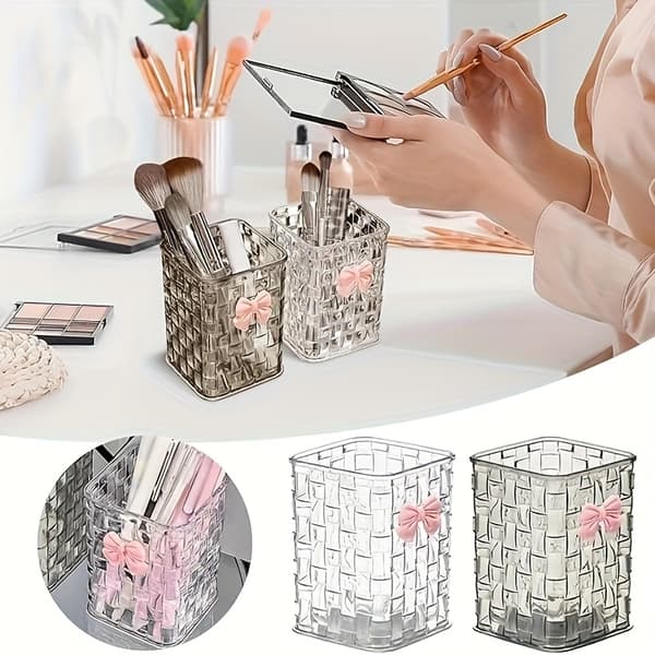 Opbevaringsboks til makeupbørster med sløjfedesign, elegant tekstureret etui til skrivebordssnacks, modeorganisator Clear