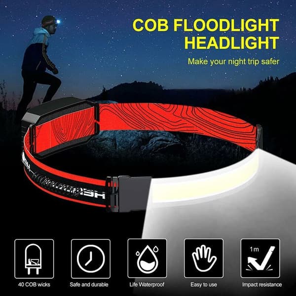 COB hodelykt, oppladbar LED hodelykt med super slank profil, 260° bred lysstråle, vanntett, 3 moduser