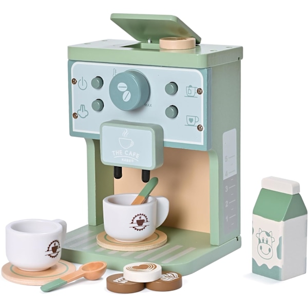 Treleker for barn, Lekekjøkken Tilbehør, Grønn Kaffemaskin, Espressomaskin, Lekesett, Montessori Kjøkkenleke, Gave