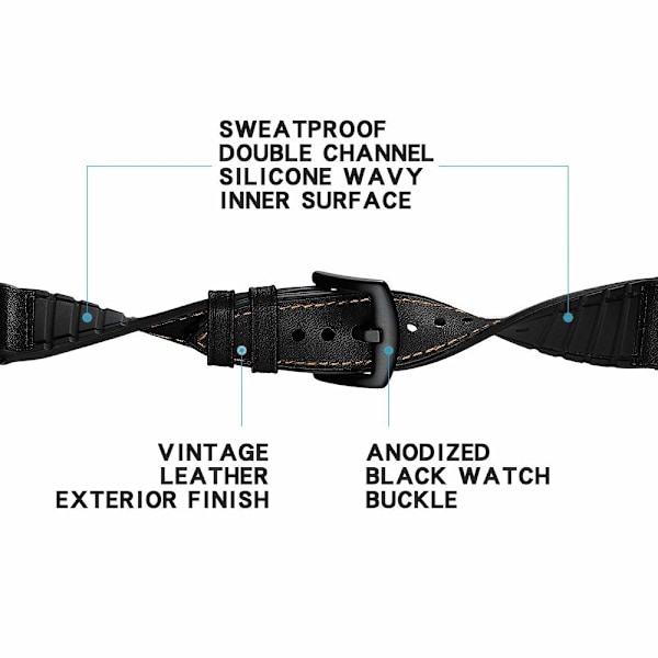 Armbånd Samsung Gear S3 Classic, Frontier, Galaxy Watch 22 mm Lær Svart