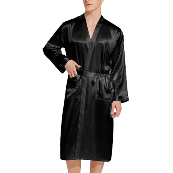 Herr Satinrock Kimono Badrock Lång Lätt Silkeslen Nattkläder Pyjamas för Män med Bälte S-XXL