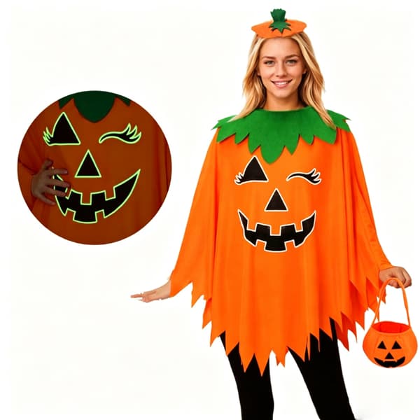 Halloweenkostume: Græskarkappe-sæt til voksne og børn (egnet til feriefester og forestillinger) aldult