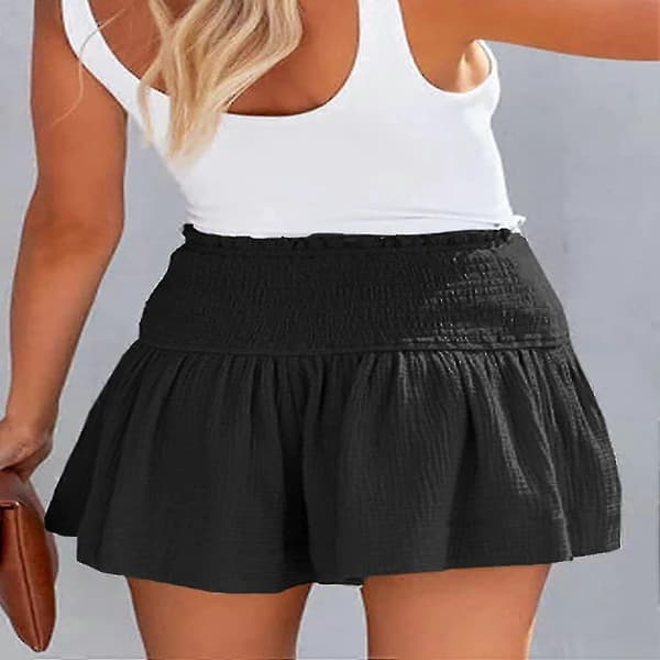 Kvinders shorts bomuld høj elastisk talje plisseret flæse søde shorts strand flydende afslappede shorts S-XL sort Black L