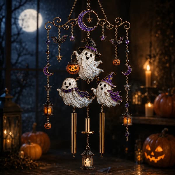 Halloween vindklokke i farvet glas, akryl solfanger med spøgelse, kat, måne og heksemotiv, 20/30 cm E E 20cm