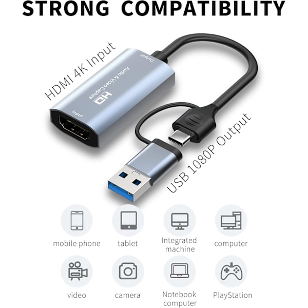 Video Capture Card, HDMI til USB/Type-C 1080P til Streaming, Undervisning, Videokonferencer eller Live-udsendelse