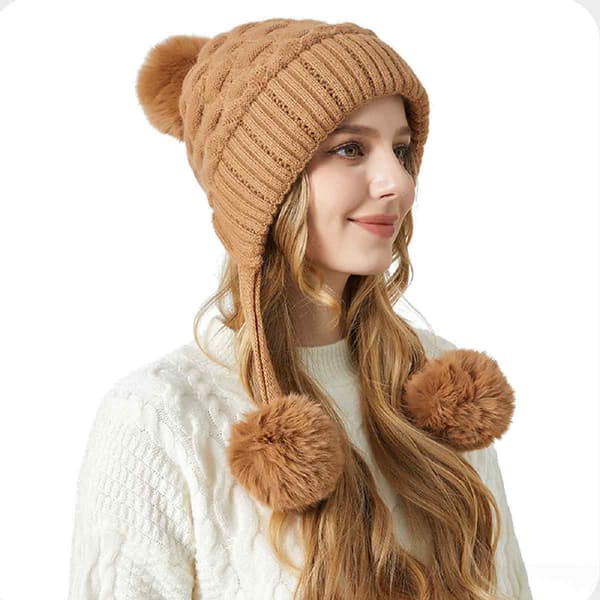 Kvinnor Vinter Sherpa Mössor Stickade Öronlappar Peruansk Täcker Öron Fleecefodrad Fluffig Skidmössa 3 Pomponer Khaki