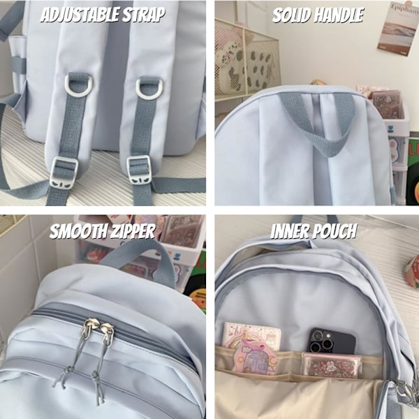 Kawaii Ryggsäck med Söta Tillbehör Estetisk 15,6 Tums Laptop Ryggsäck Hänge (Svart)