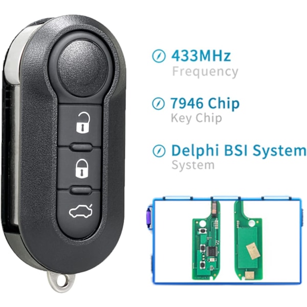 Bilnøkkel med 3 knapper 433 MHz fjernkontroll for Fiat 500 L MPV Ducato for Cit-ro-en Jum-per for Peu-ge-ot Box-er - Mar Modell 2 + Delphi BSI