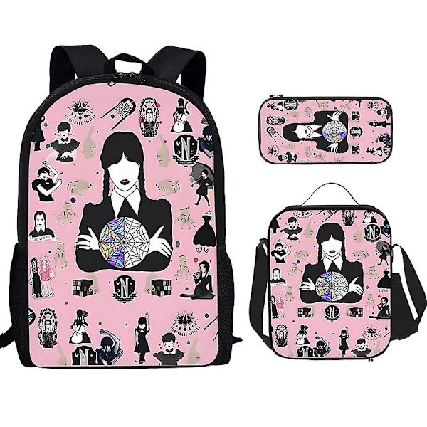 Wednesday Addams Ryggsäck Tredelat Set Student Skolväska Canvasväska Pattern 27