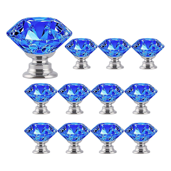 12 stk 30mm Glassdørknotter Diamant Skuffeknotter Trekkhåndtak Kjøkkenskap Dørknotter (Blå)
