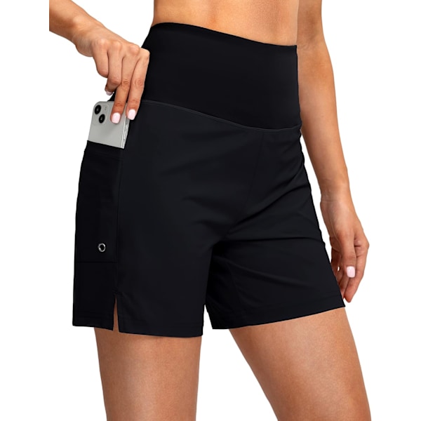 dual Dam 5\" Högmidjade Badshorts med Telefonfickor UPF 50+ Snabbtorkande Badshorts för Kvinnor med Foder Svart Medium