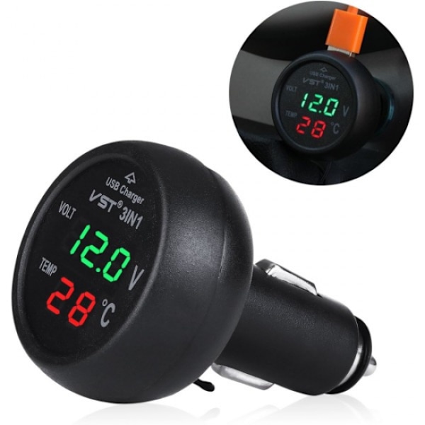 1 stk. 12-24V bilopladerstik med USB-port/Voltmeter/Termometer