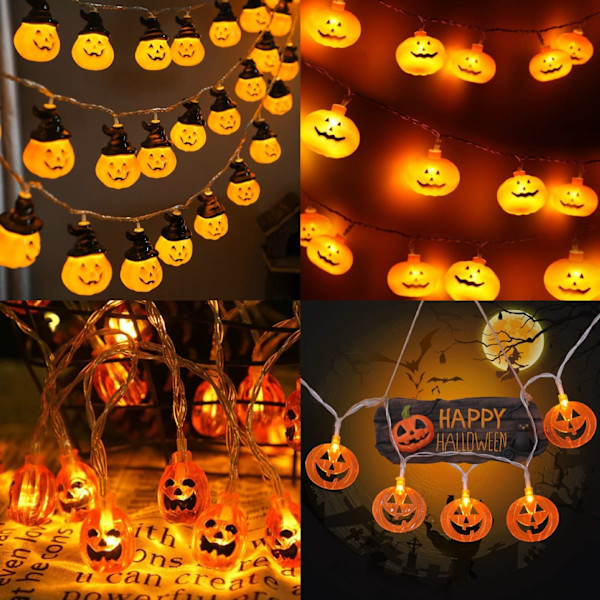 Halloween-kurpitsaketjut noitamyssyllä, LED 16.4FT 8 tilaa ajastimella 3D vedenkestävä oranssi Jack-O-Lantern 6cm Big Mouth 1.5m 10 lights