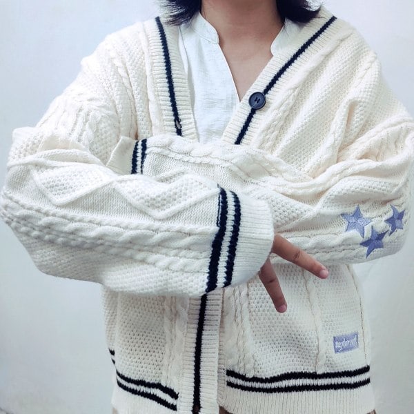 Taylor Swift Star Folklore Kofta Stjärnbroderad Oversize Stickad Knäppt Tröja Beige S