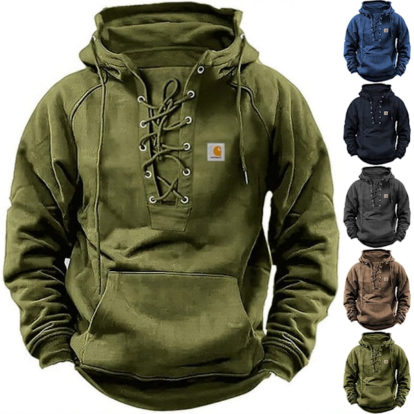Herr Casual Strap Top Ficka Enfärgad Hooded Långärmad Topp Grå Grey L