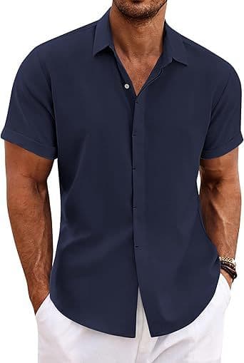 Hørskjorter til mænd Kortærmede afslappede skjorter Button Down skjorte til mænd Strand Sommer Mørkeblå Dark Blue L