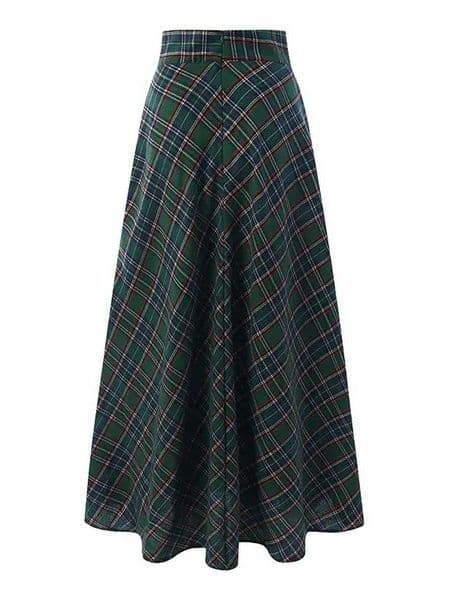 Damkjol, koreansk stil, retro, rutig, A-linje grön green S
