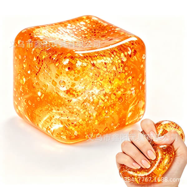 Squishy Cube Sukker Stressbold Fidget Legetøj, Glitter Sensorisk Klemme Fidget Legetøj, Iskubs Sukker Stressaflastningsbold mod Angst Orange