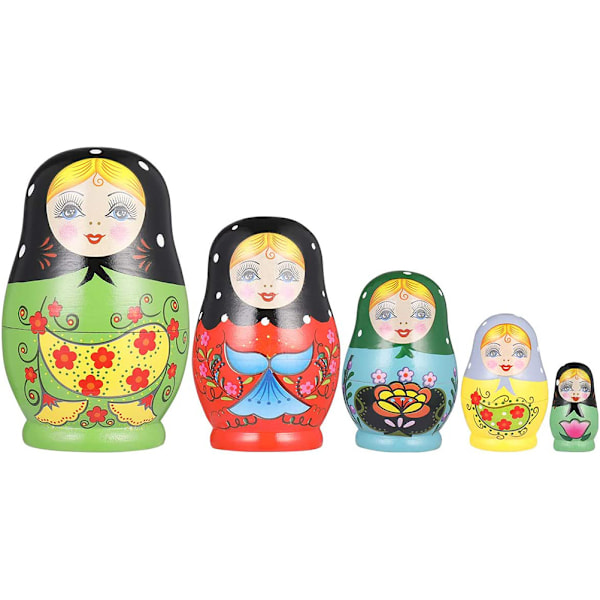 5 stk. russiske trædukker, traditionelle håndlavede malede legetøjsdukker