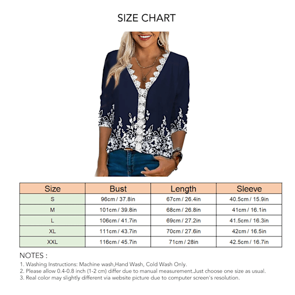 3/4-ermet Bluse Topp V-hals Casual Løstsittende Bluse Skjorte med Blondekant for Kvinner Sommer Date Mørkeblå M