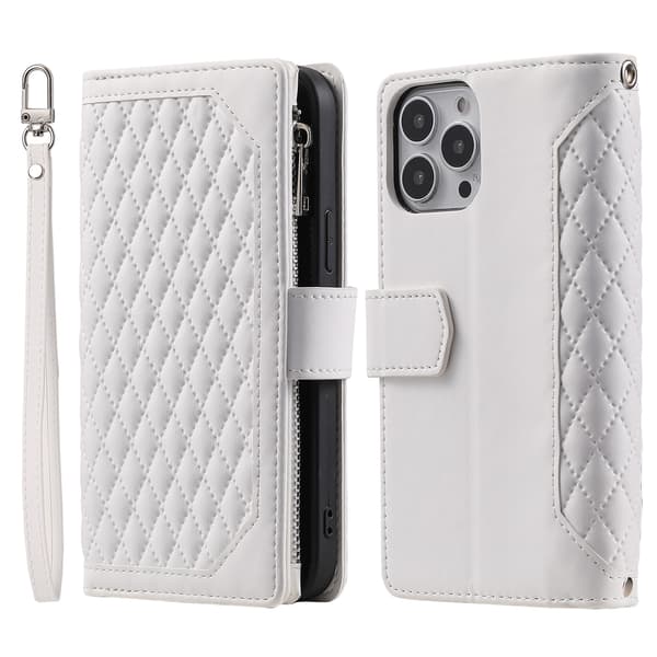 Plånboksfodral kompatibelt med iPhone, Rombs PU-läder + mjukt TPU-ramskydd med snodd white iPhone14