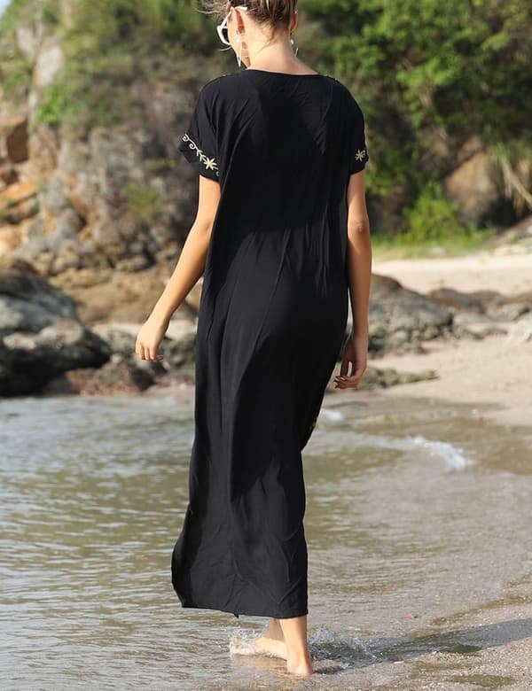 Broderet kortærmet bikini-badedragt cover-up strandkjole med sideslidser til kvinder