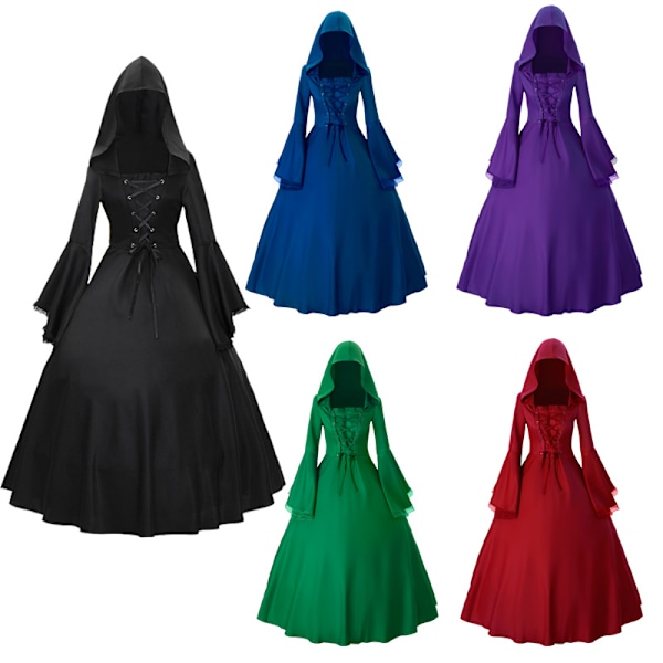 Kvindes Gotisk Victorian Hexe Vampyr Kjole Middelalderlig Renæssance Halloween Cosplay Hætte Kostume Royal Blue XXL