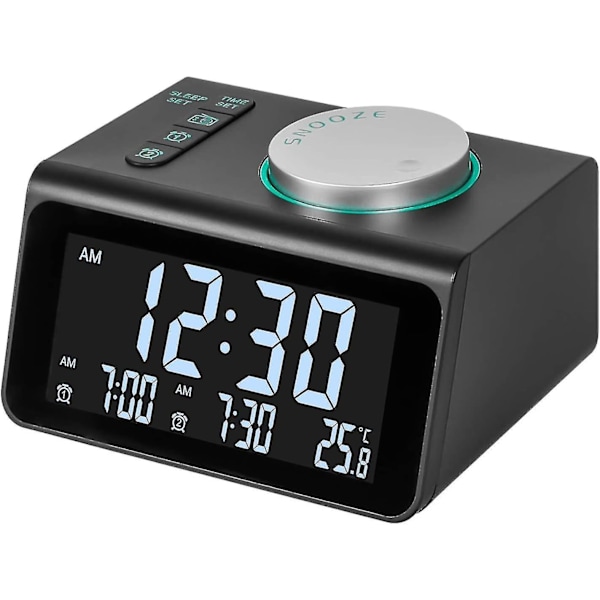 Dubbel klockradio, digital väckarklocka med FM-radio, dubbla USB-portar, 7 larmljud, 5 justerbara