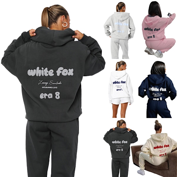Vit ræv damemode vinter træningsdragt sport hoodie lange bukser casual outfit 2 stk./sæt sportstøj Sort Black S