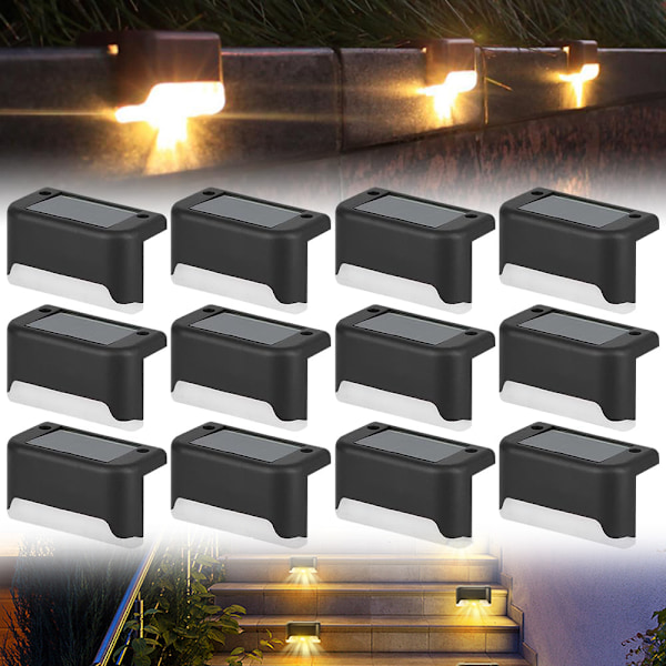Sett med 12 utendørs solcellelamper, vanntett belysning for hage, terrasse, stier, gjerder, trapper, balkong, dekorasjon, varmt hvitt lys (svart)