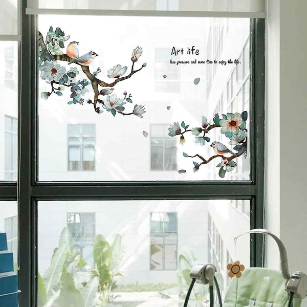 2 set fåglar på blomgrenar Fönster klamrar sig fast, avtagbara fönsterklistermärken med gröna blad, konstdekaler dekoration för glasfönsterdörrar