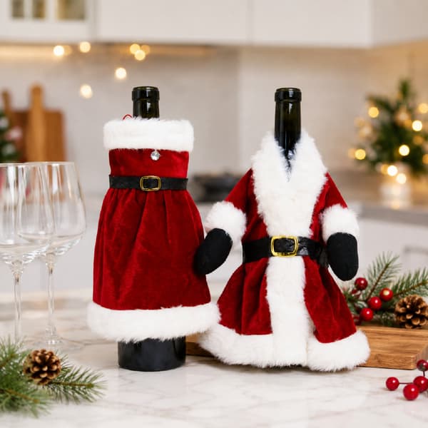 2-pack julkläder för vinflaskor i tyg med jultomtemotiv, festliga flasköverdrag för matbordet