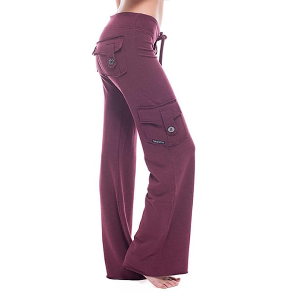 Kvinnor Hög Midja Knapp Lediga Fickor Pilates Stretch Yoga Byxor vinröd wine red L