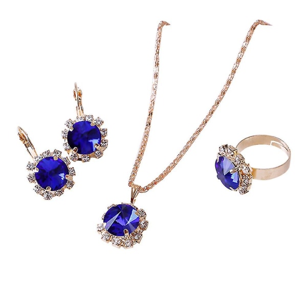 Mode kvinnor Circle Rhinestone Halsband Örhängen Ring Hängen Smycken Set Sapphire Blue