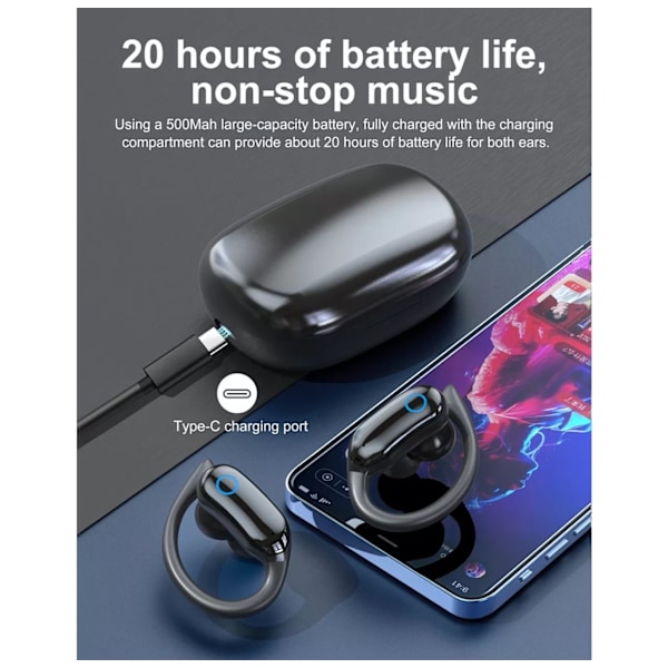 Wireless Sports Headphones with Ear Hooks IPX7 Waterproof Svart Sort