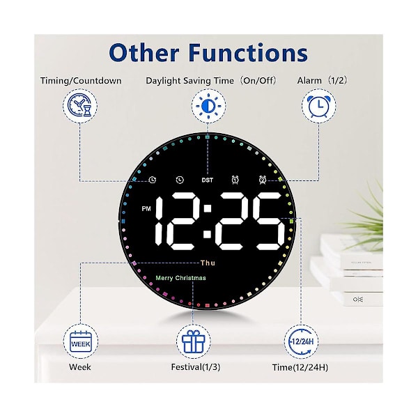 Digital veggklokke med fjernkontroll, 10 tommer fargerik dynamisk LED-klokke