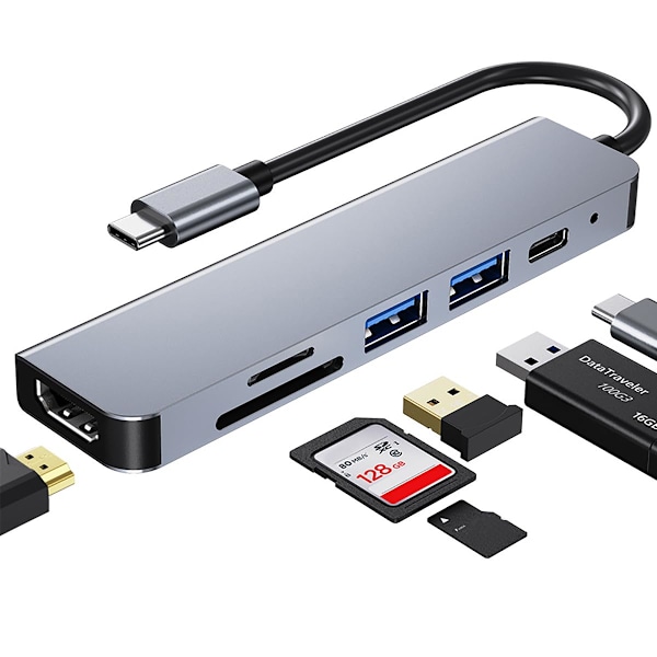 Hubb USB C, Multiport USB C-adapter för MacBook Pro, 6-i-1 USB C till HDMI-hubb (4K HDMI USB3.0 USB2.0 SD/TF-kortläsare 87W PD)