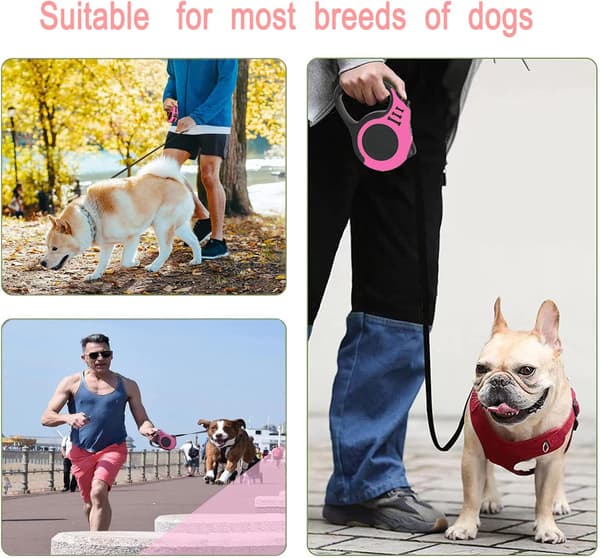 Infällbart hundkoppel, 5M slitstarkt nylonkoppel med halkfritt handtag, trasselfritt, enhandsbroms. (rosa)