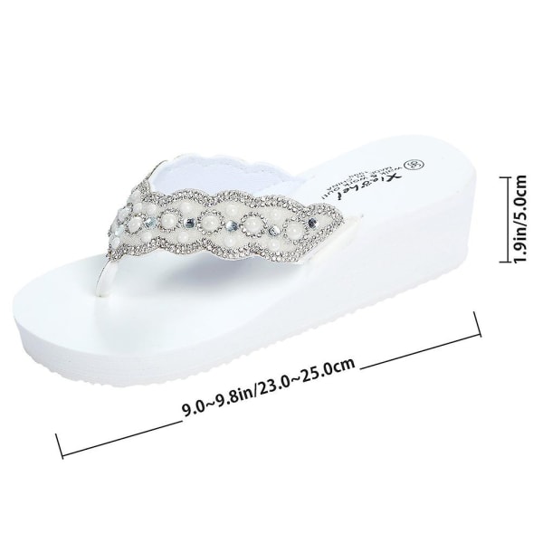 1 par halkfria strandskor Slipsole-skor Flops Pearl Diamond-skor för sommaren kvinnor bär (vit storlek 40 25.0cm, 8us, 5.5uk, 39eu, 9.825inch) White 8