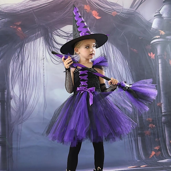 Pige-Hekse Tutu-Kjole Lilla Rosa S-XXL til Halloweenfest og Optræden colorful S/90cm