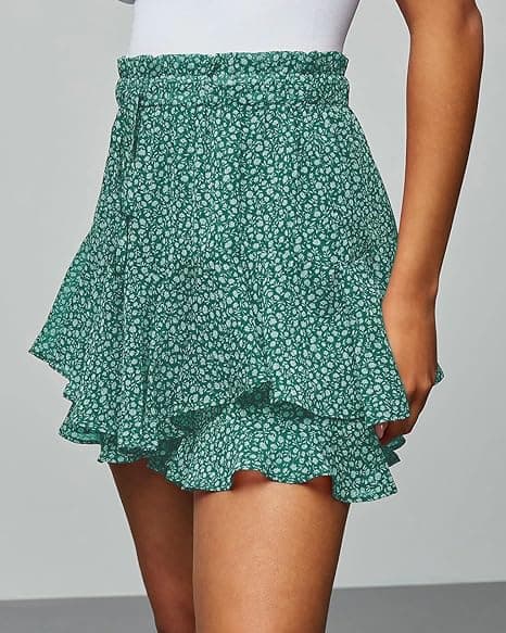 Flagrende shorts til kvinder afslappede boho blomsternederdele flæse miniskørter sommerfugleshorts grøn green S