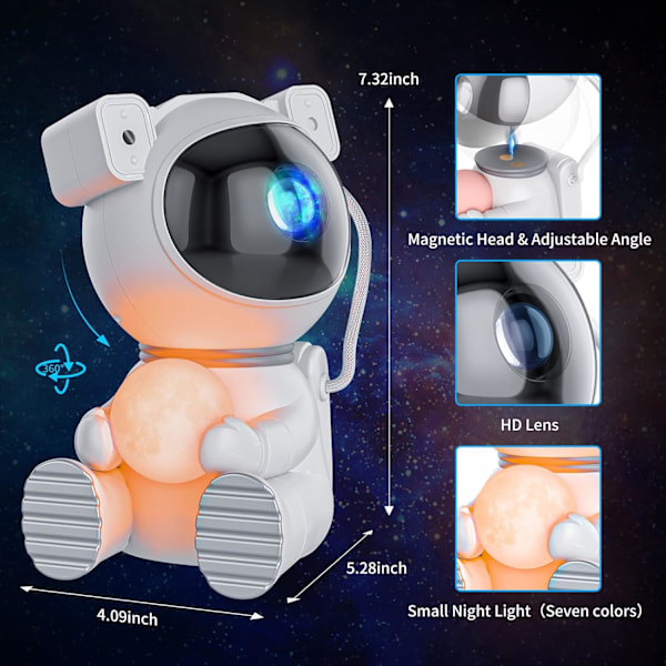 Astronaut Galaxy-projektor, stjerneprojektor med timer og fjernkontroll, Galaxy-projektor med månelys White