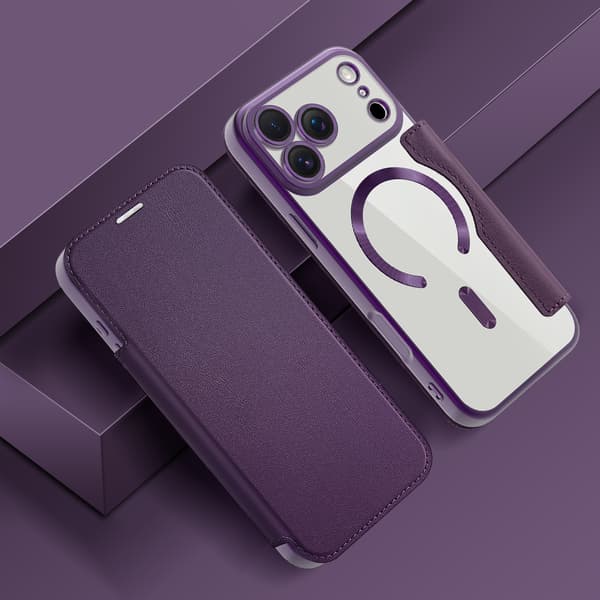 Pung etui til iPhone PU læder med RFID-blokering, magnetisk bagside Purple iPhone12