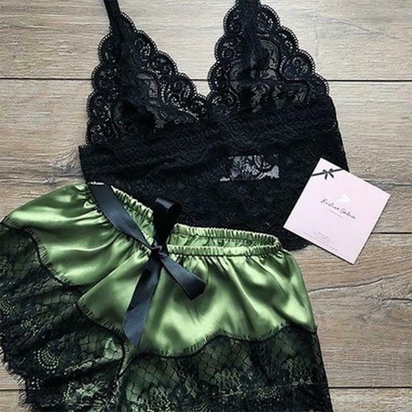 Sexiga underkläder för kvinnor spets crop tops & shorts pyjamas underkläder grön green XL
