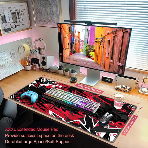 Stor musematte, gaming musematte, 900x400mm (35.4x15.7 tommer), XXL musematte, skrivebordsmatte med sklisikker base, slitesterk vanntett musematte Black Red Punk