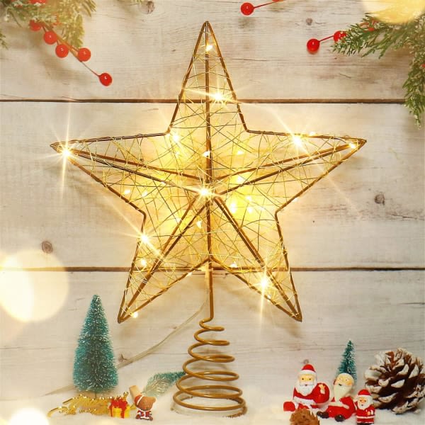 Gyllene julgranstjärnaljus på toppen av julgranens stjärnstjärnor, det finns 20 LED-lampor på toppen av julgranen